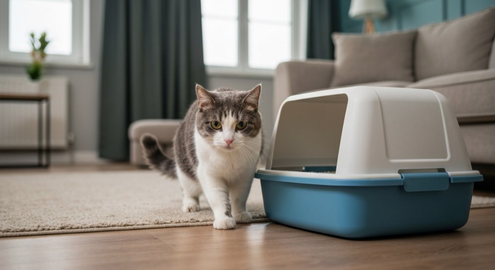 Asielkat verkent nieuwe kattenbak