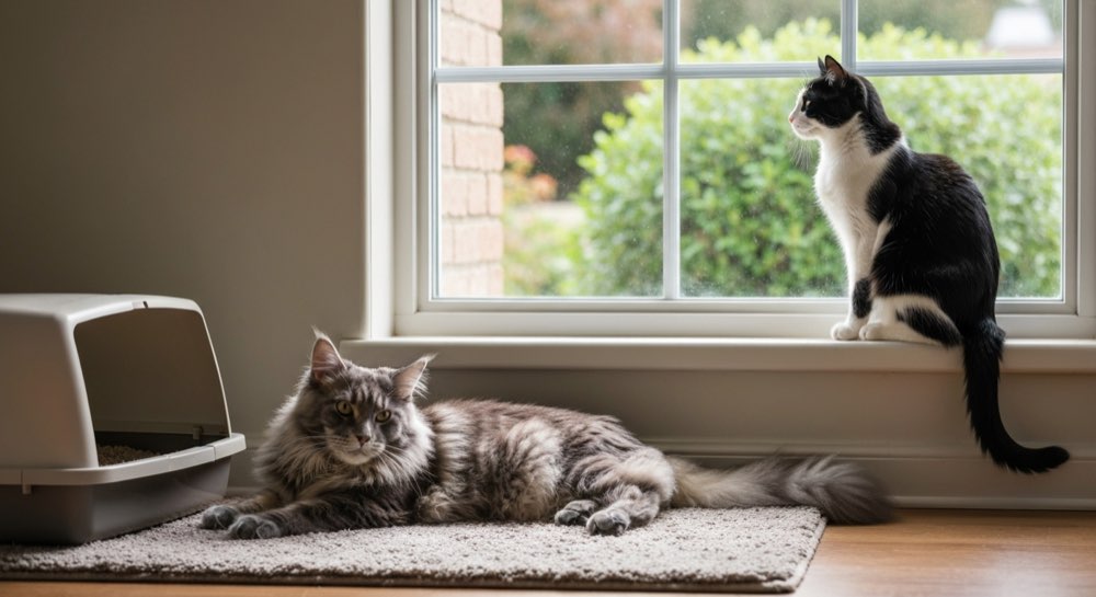 Twee katten bij kattenbak