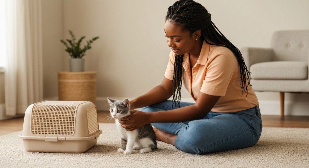 Kitten leert de kattenbak gebruiken