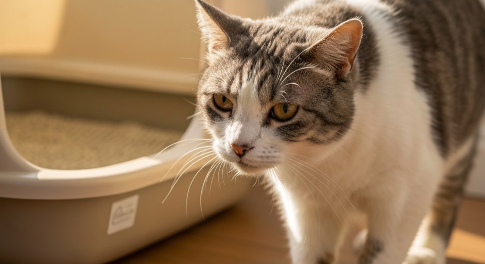 Oudere kat bij kattenbak